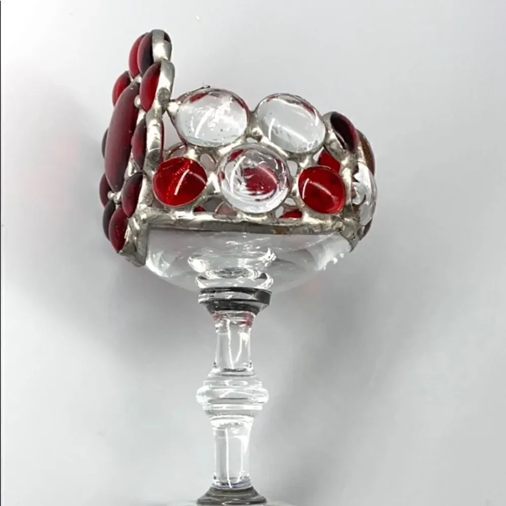 May Nadav Mosaic Art Glass Pedestal Votive Holder Decorative Bowl Red Clear